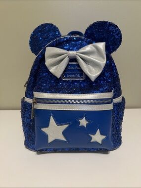 Disney Blue Sequin Mini Backpack with Silver Bow and Stars